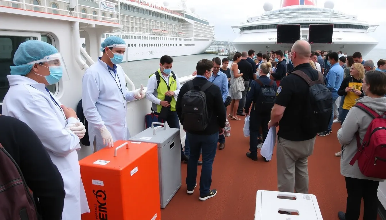 A group of passengers discussing health protocols and safety measures in response to the potential Hantavirus outbreak during their cruise