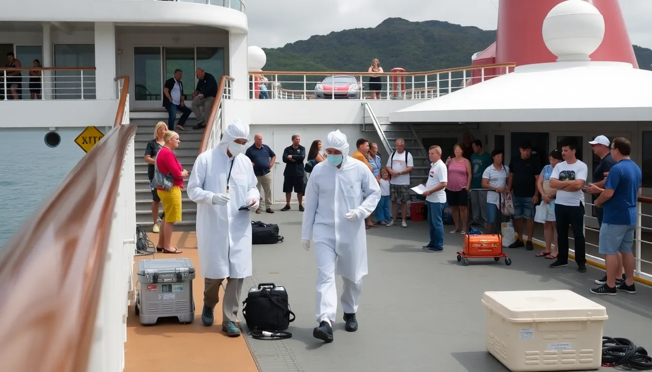 Health officials in protective gear assess the situation on a cruise ship docked in a popular tourist destination following a Hantavirus outbreak that resulted in three fatalities.