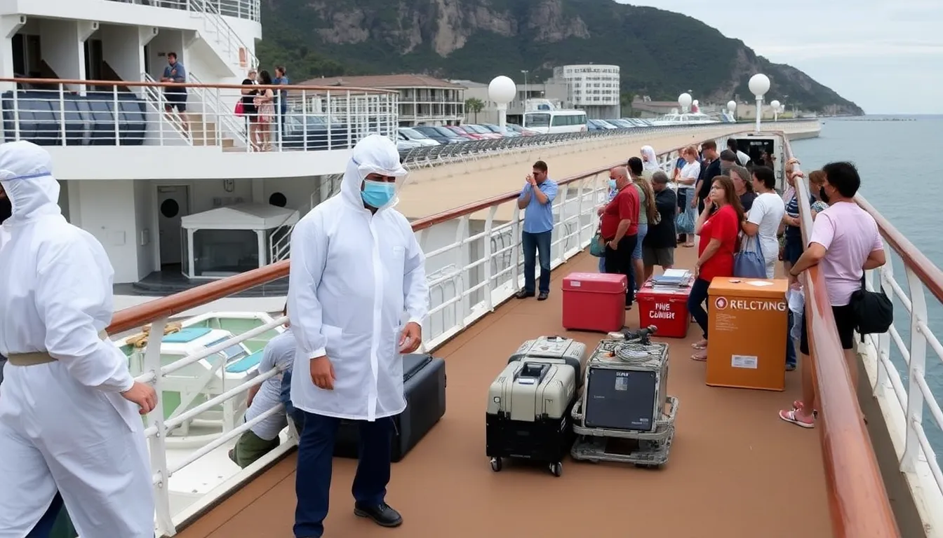 Passengers gathering on the deck of a cruise ship, unaware of the health risks associated with the recent Hantavirus cases reported on board
