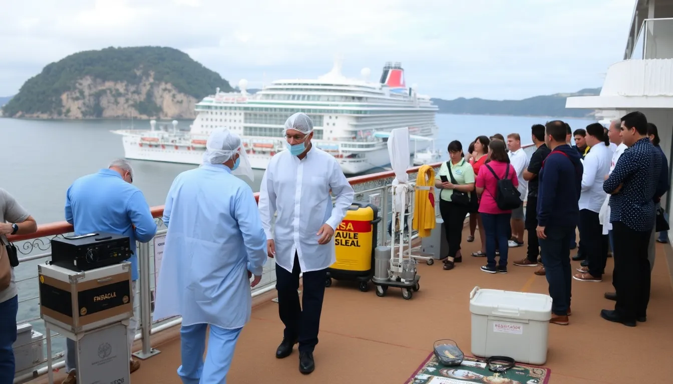 Health officials engaging in discussions about sanitation measures and health screenings to prevent further spread of Hantavirus among cruise ship passengers