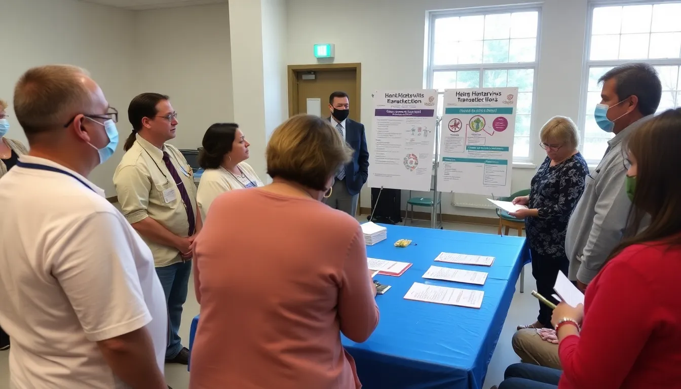 Public health officials conducting an awareness campaign to educate residents about Hantavirus risks and prevention strategies