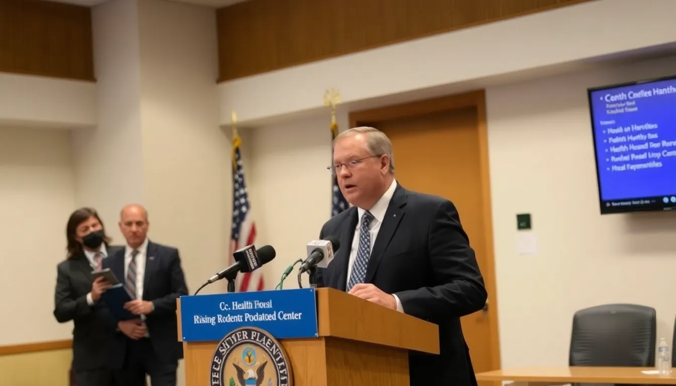 A health official stands at a podium during a press conference, addressing the rising concerns about hantavirus transmission linked to increasing rodent populations in rural communities.