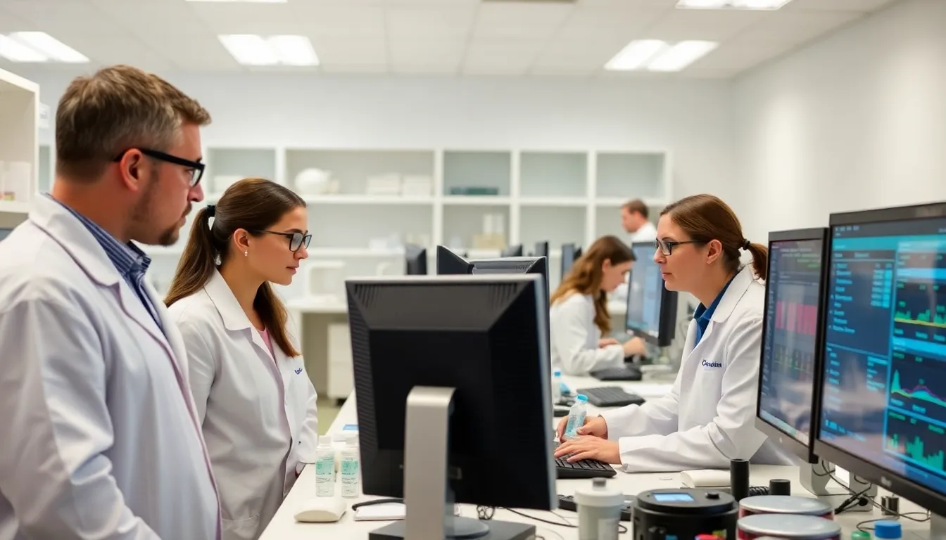 Scientists collaborating on antiviral treatment development aimed at reducing the severity of Hantavirus symptoms in a conference room setting