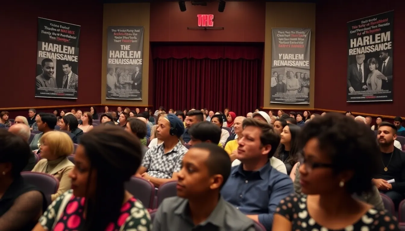 A diverse audience gathers in a theater, eagerly awaiting the global premiere of a documentary about the Harlem Renaissance, with banners and promotional materials highlighting the film's historical significance.