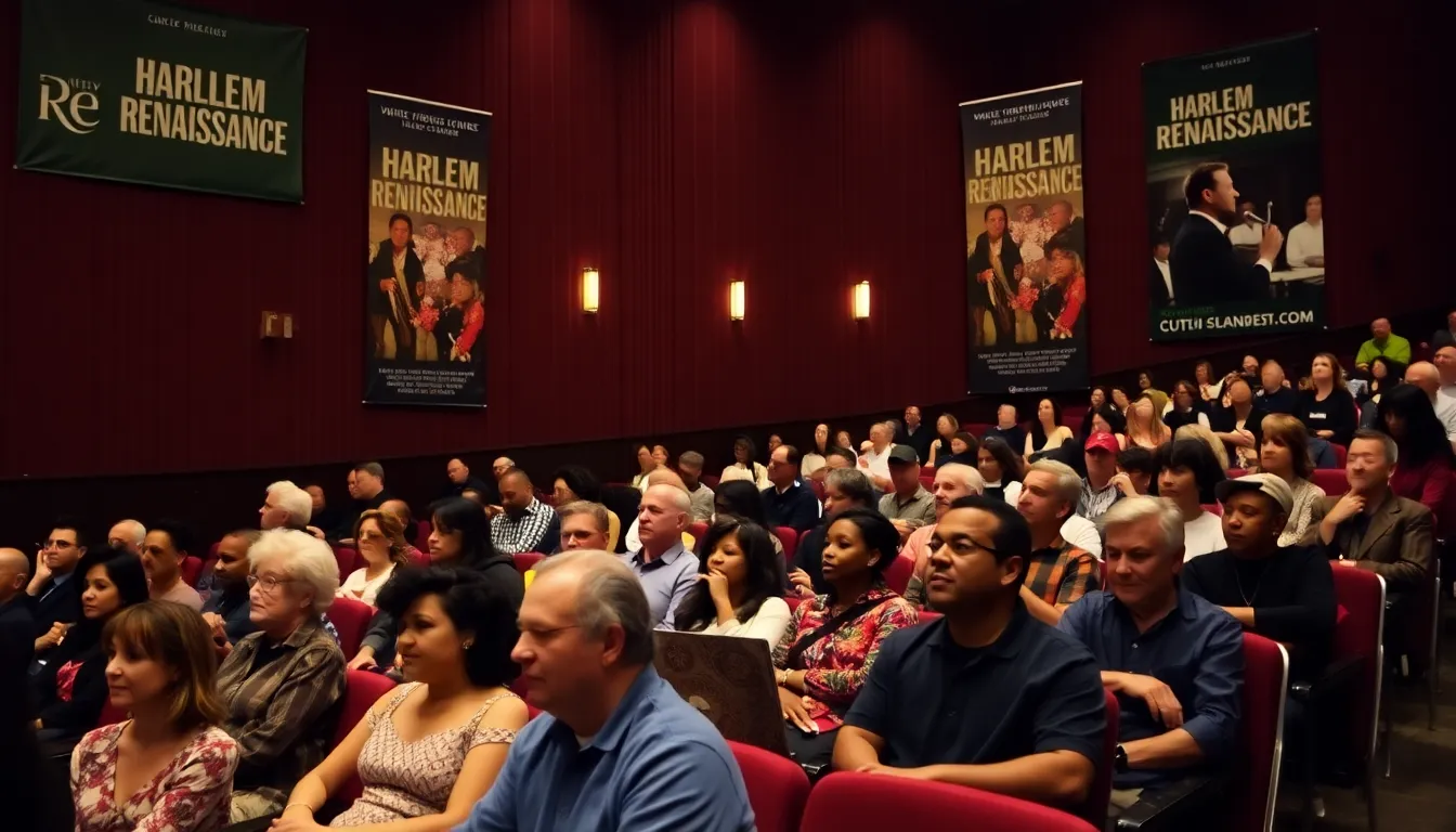 A diverse audience engaging in a panel discussion about race and artistic expression, reflecting on the legacy of the Harlem Renaissance
