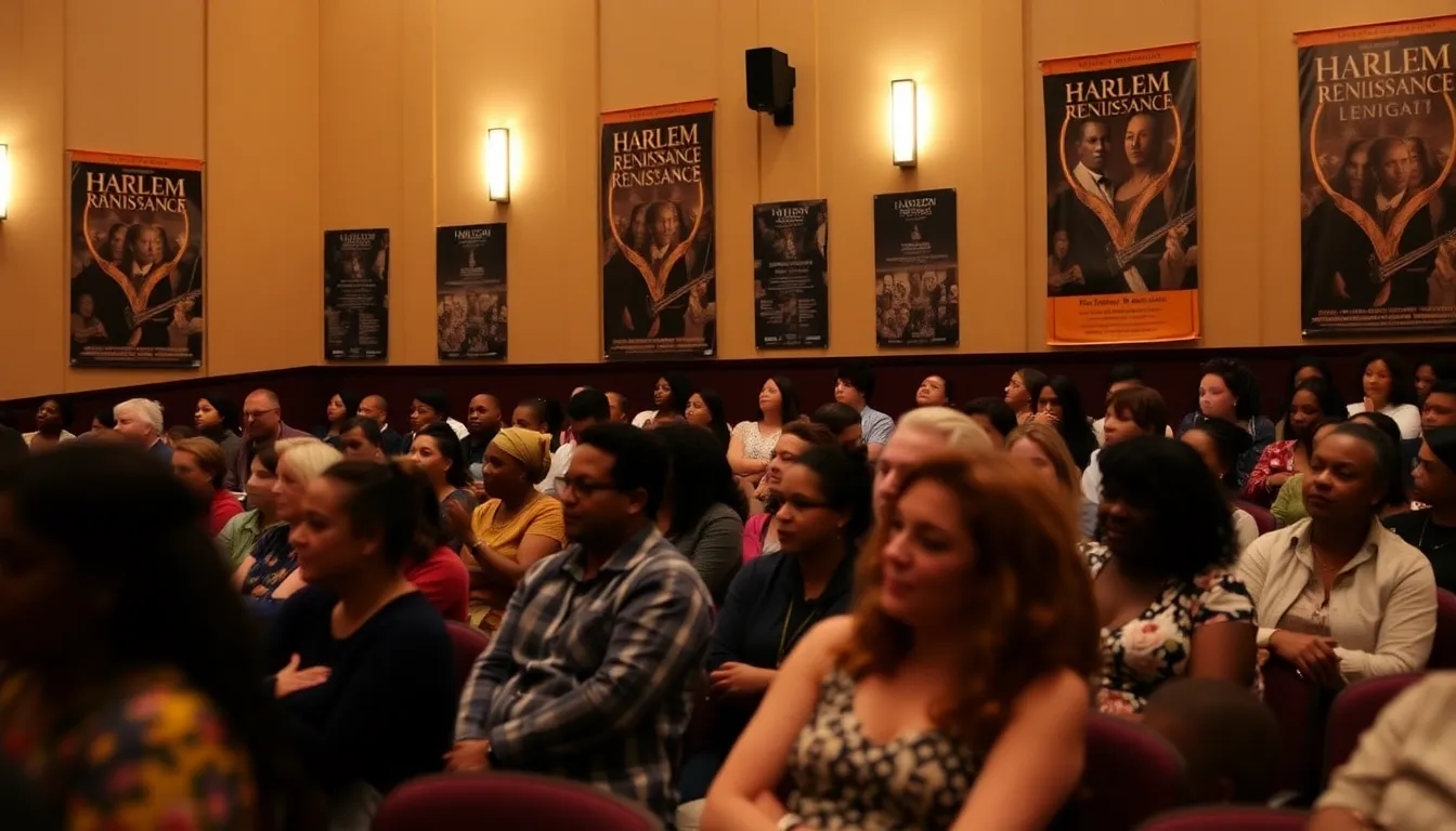 A bustling cultural event featuring artwork and performances inspired by the Harlem Renaissance, showcasing the era's influence on today's creative expressions