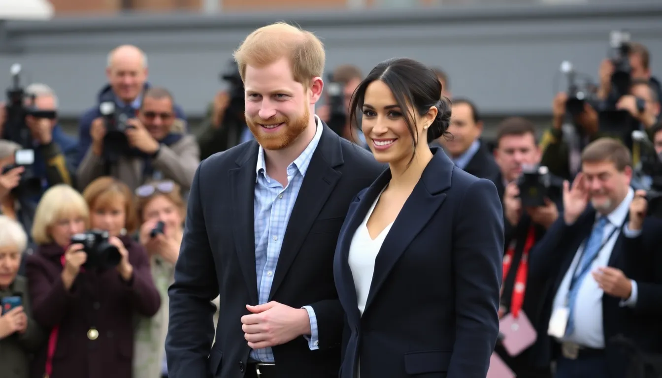 Prince Harry and Meghan Markle stand together at a press conference, announcing their new film project about the Afghan war, with a backdrop of cameras and reporters capturing the moment.