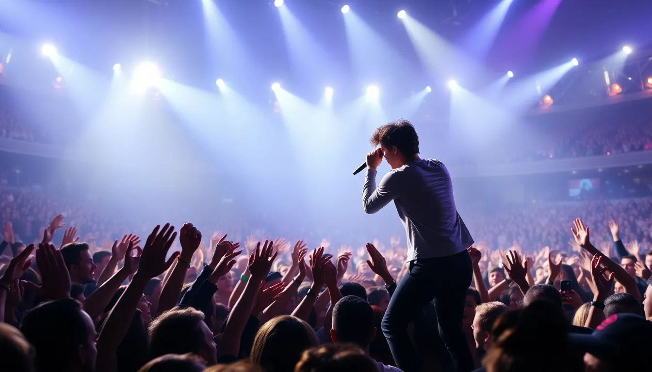 Harry Styles performs energetically on stage at the Ziggo Dome in Amsterdam, surrounded by a sea of enthusiastic fans waving their hands and singing along.
