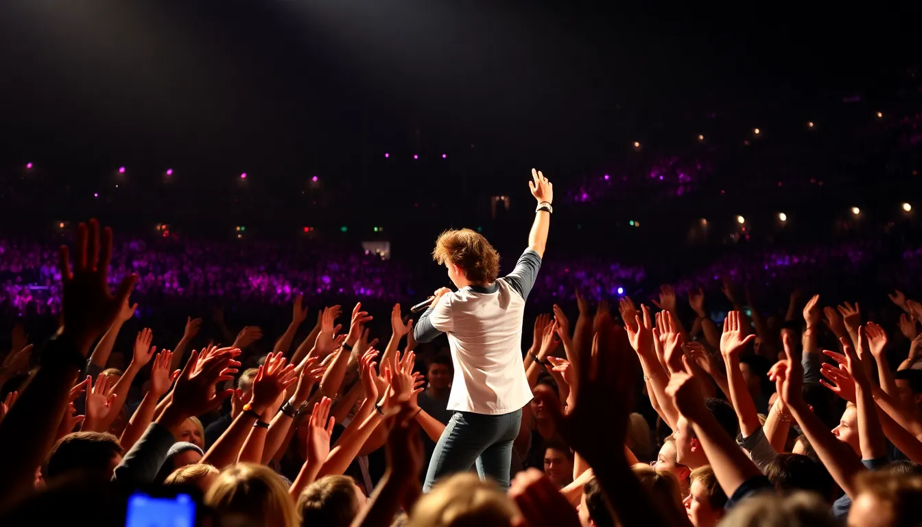 Harry Styles on stage, passionately performing a blend of fanfavorite hits and new tracks, captivating the audience with his energy