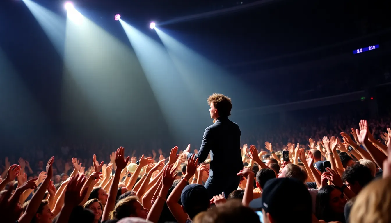The vibrant atmosphere of the concert venue, showcasing enthusiastic fans singing along and enjoying the shared experience of live music