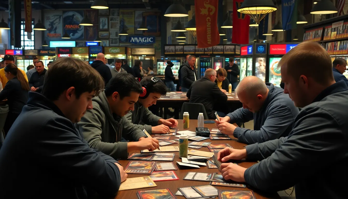 A group of players intensely focuses on their cards during a highstakes Magic The Gathering tournament in a bustling local game store.