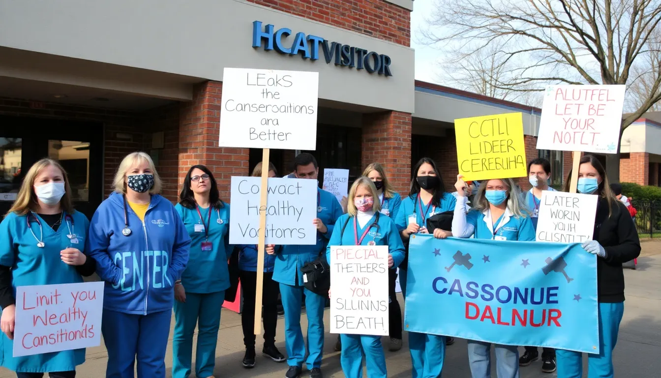 A group of health visitors stands outside a community center, holding signs and banners to protest against overwhelming caseloads and advocate for better working conditions.