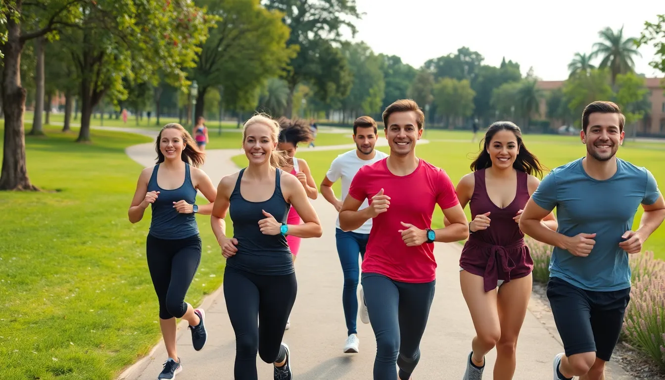 A group of people jogs in a park while wearing heart rate trackers on their wrists, showcasing the growing trend of fitness technology in everyday life.