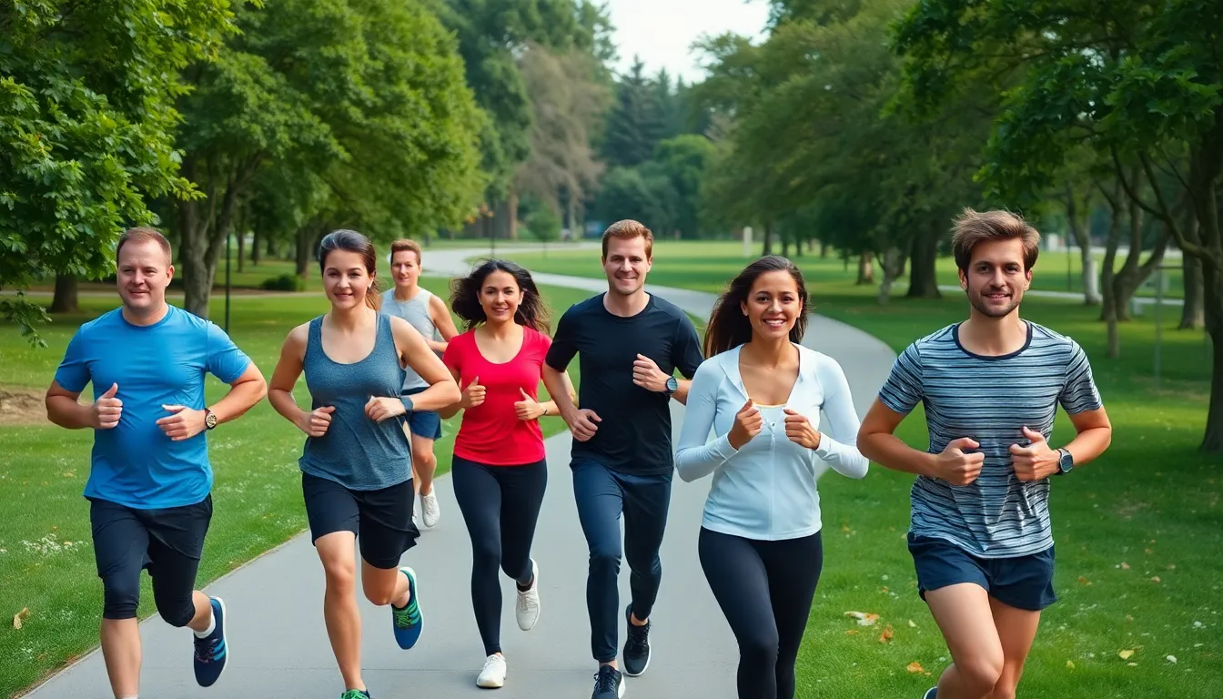 A group of diverse individuals participating in a corporate wellness program, collectively engaging in activities that promote health and wellbeing through heart rate monitoring