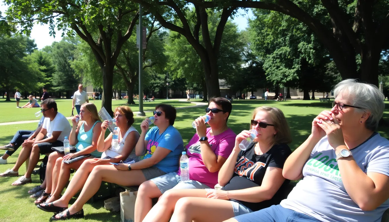 A group of people gathers under a shaded area in a park, sipping water and fanning themselves as they take a break from the intense summer heat during a community awareness event on heatrelated illnesses.