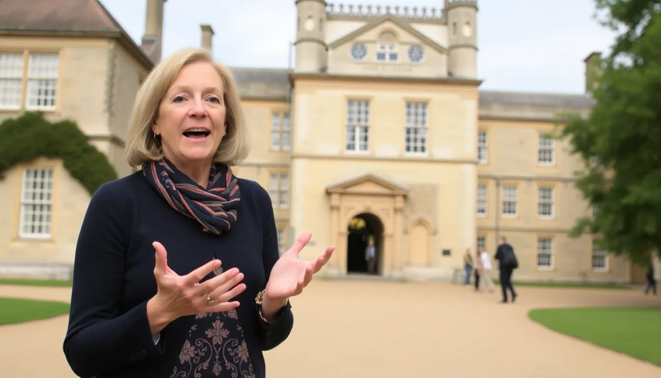 Lucy Worsley stands in front of a historic building, passionately discussing a significant event in British history during the filming of her new history series.