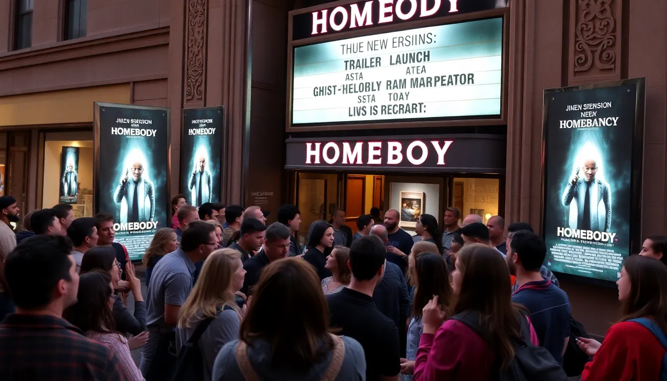 The trailer launch event for the film Homebody features a crowd of excited fans gathered outside a theater, eagerly discussing the new ghost story while promotional posters adorn the walls.