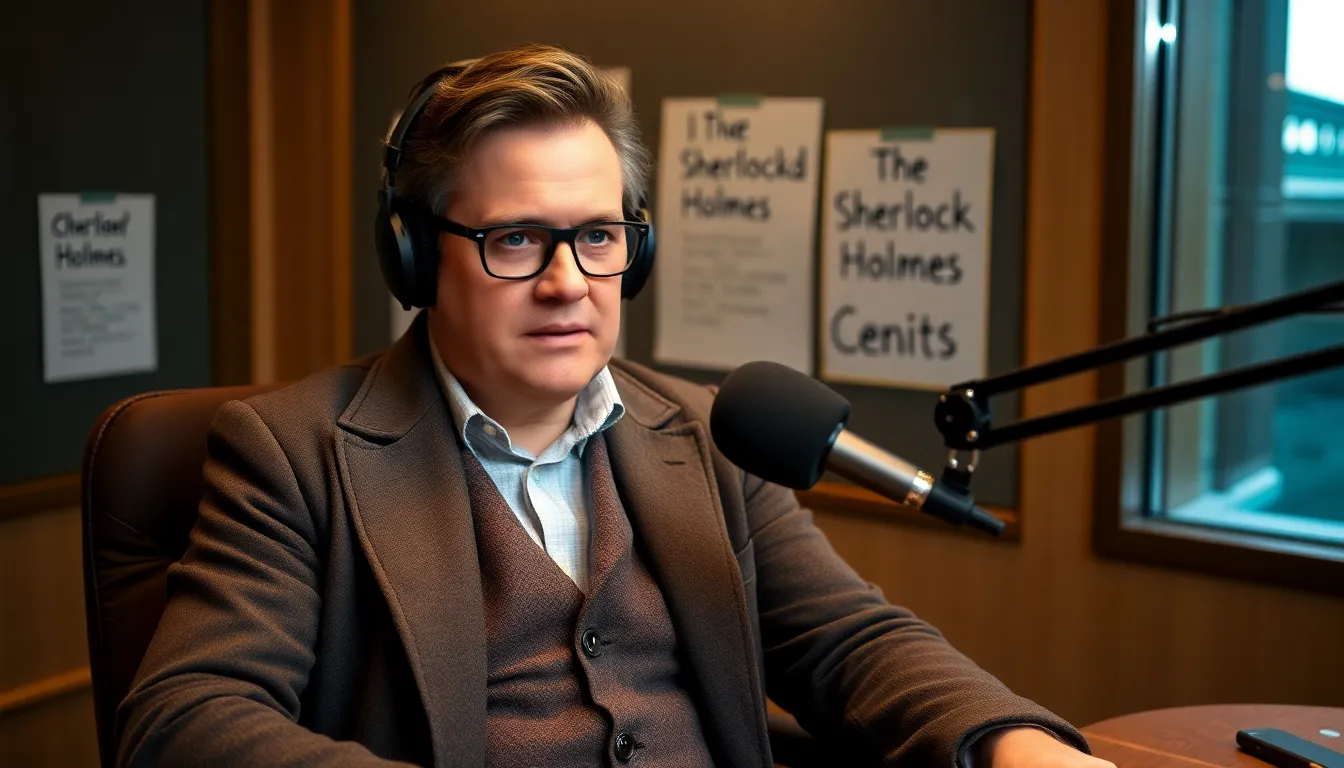Hugh Bonneville, dressed in a classic detective outfit, sits in a recording studio with a microphone, passionately narrating a scene as Sherlock Holmes for his new podcast series.