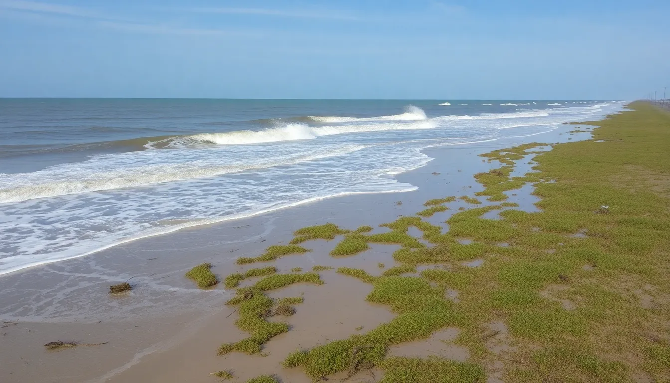 Waves crash against a newly formed saltmarsh along the Louisiana coast, showcasing the landscape's transformation after Hurricane Delta's impact.