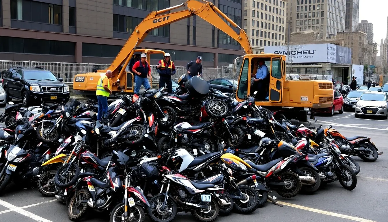City workers use heavy machinery to crush hundreds of illegal motorbikes in a parking lot during a law enforcement crackdown in New York City.