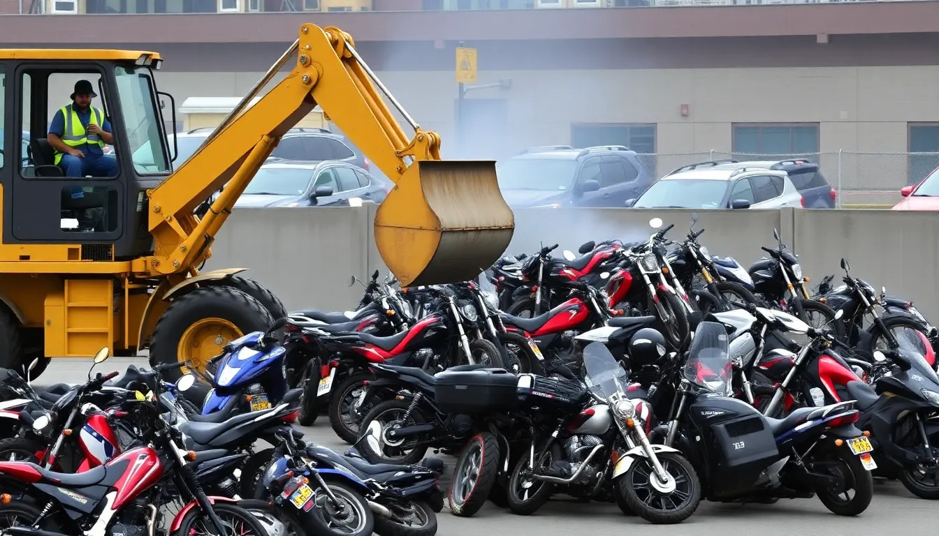 City officials and law enforcement personnel overseeing the destruction of confiscated motorbikes, emphasizing the collaborative effort to enhance public safety