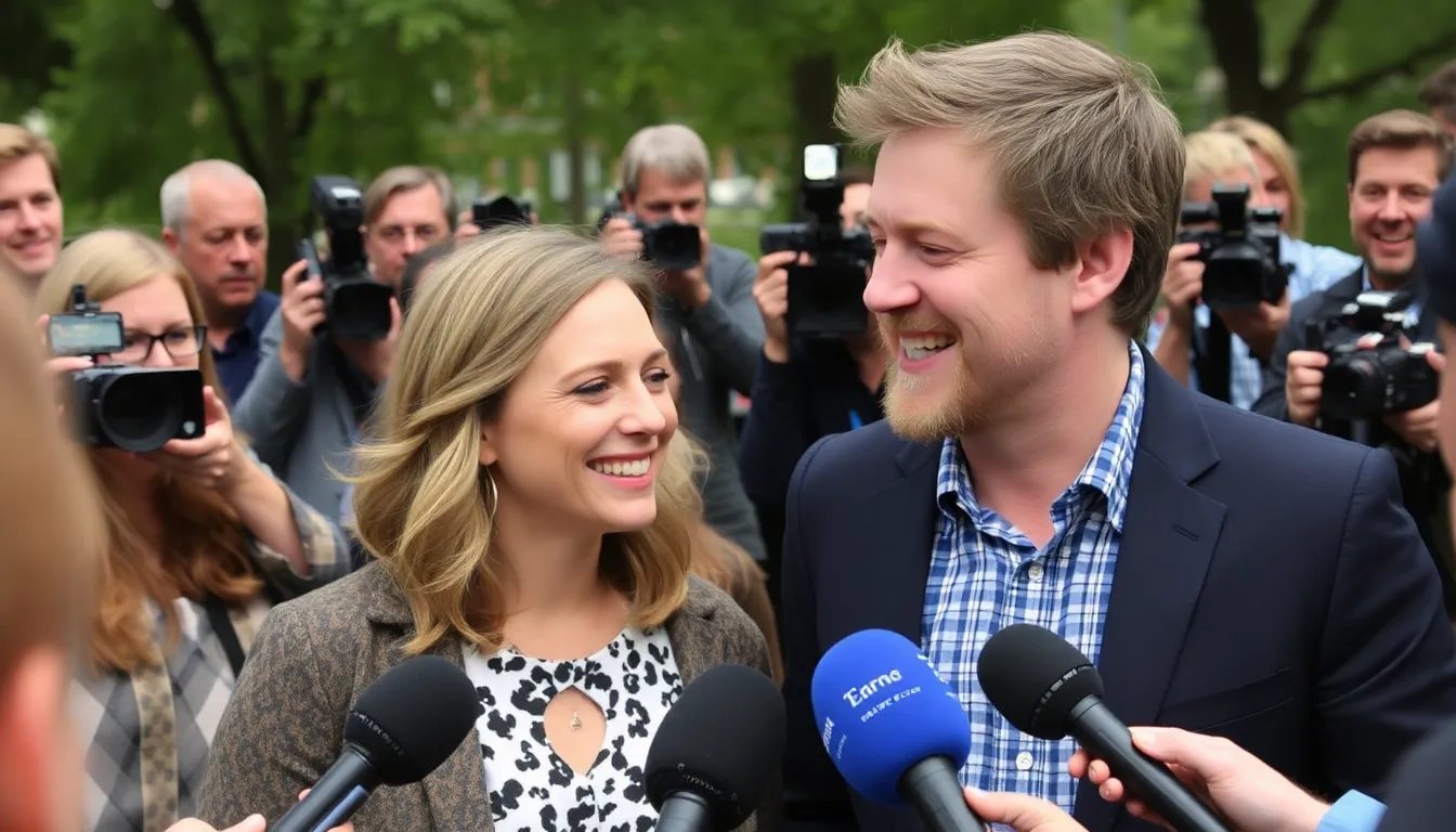 Imogen Poots and John Reynolds are seen together at a press event, smiling as they discuss their roles in the upcoming Amazon series Sex Criminals.