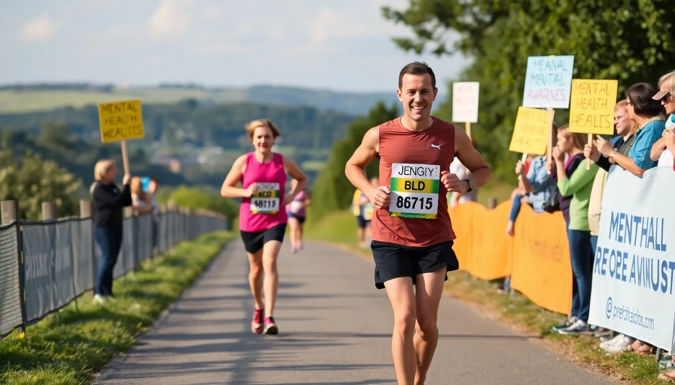 A determined runner strides along a scenic route, surrounded by cheering supporters holding signs that promote mental health awareness during their quest to complete 100 marathons in 100 days.