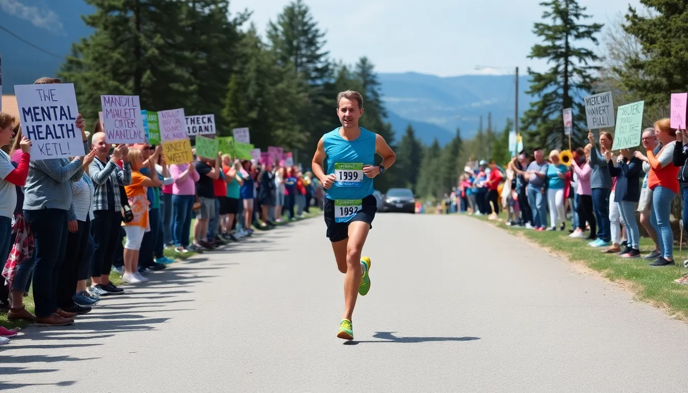 Supportive community members cheering on the runner, showcasing the collective enthusiasm for mental wellness and endurance sports