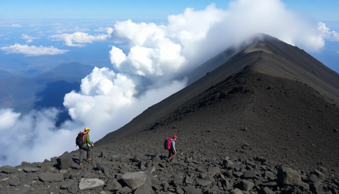 Hikers scramble down the slopes of Mount Semeru as a massive plume of ash and smoke erupts into the sky behind them.