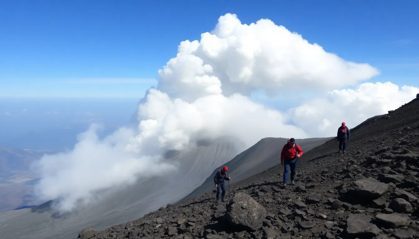 Emergency services mobilizing to assist hikers in the aftermath of the volcanic eruption, showcasing the urgency and coordination of rescue efforts