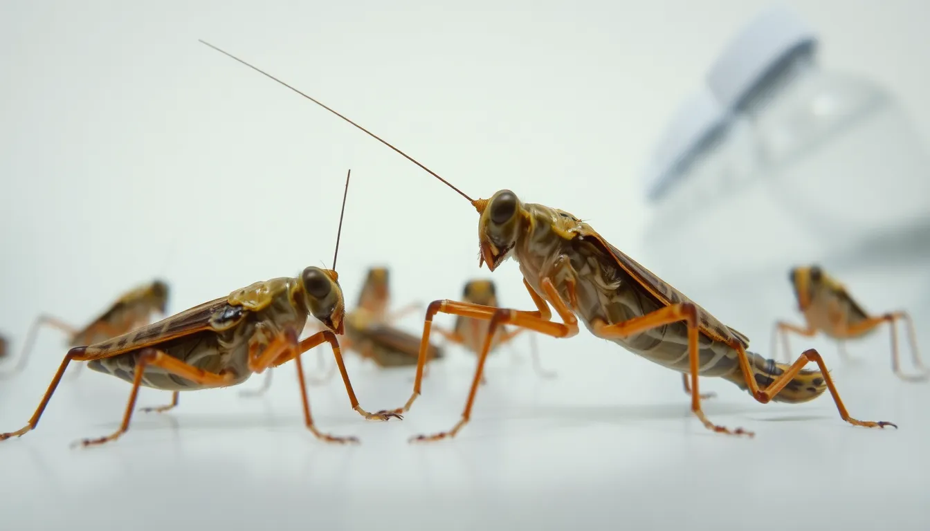 A group of crickets is seen in a laboratory setting, with one cricket grooming its injured antenna while others observe nearby, highlighting their behavioral response to pain.