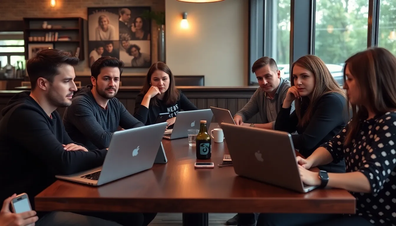 A group of concerned users discusses the recent changes to Instagram's privacy settings at a cafe, highlighting their worries about the security of direct messages.