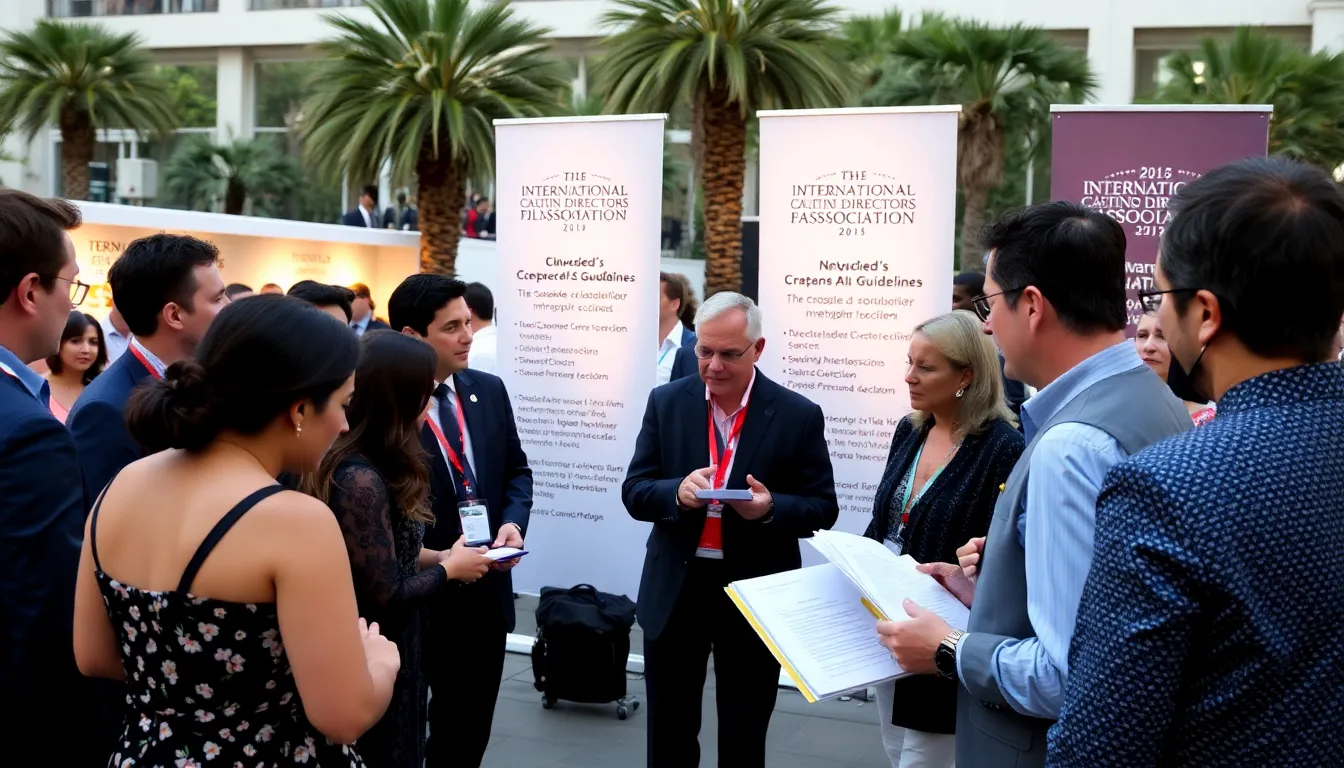 A group of industry professionals gathers at the Cannes Film Festival to discuss the newly introduced AI guidelines by the International Casting Directors Association, highlighting the importance of ethical standards in casting practices.