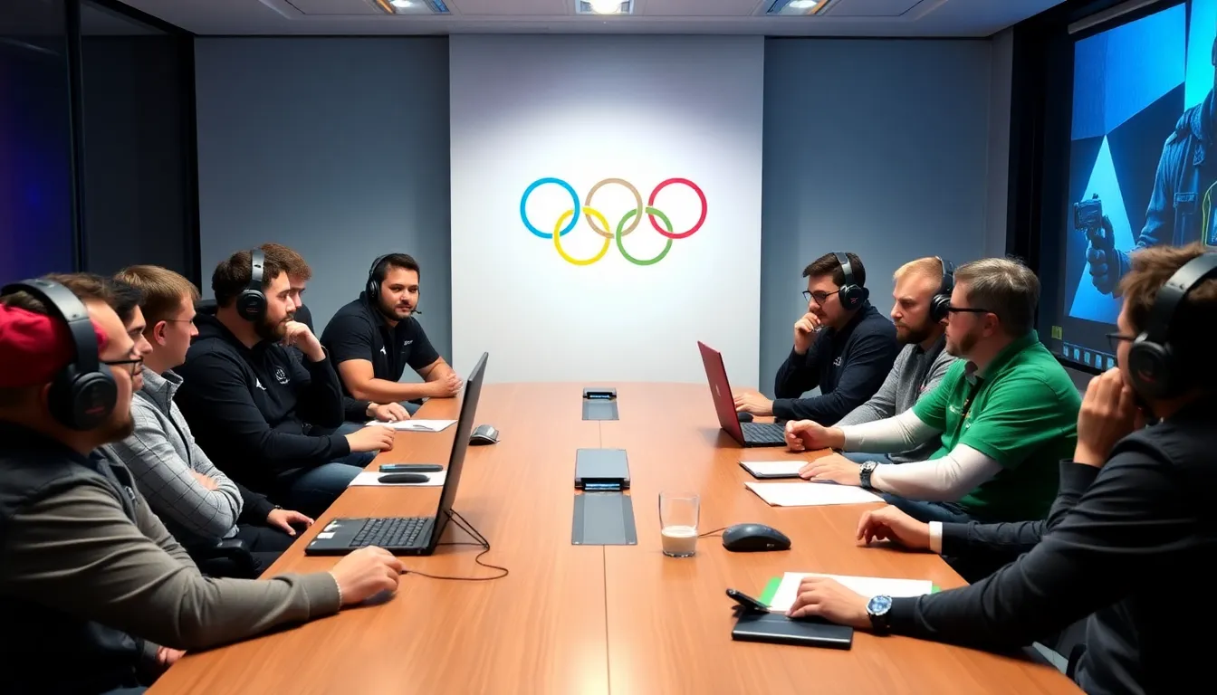 A group of esports stakeholders, including game developers and event organizers, gather for a meeting to discuss the implications of the IOC's recent suspension of its esports commission.