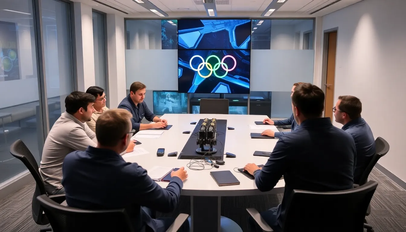 A digital representation of esports symbols intertwined with Olympic imagery, illustrating the potential connection between the two worlds