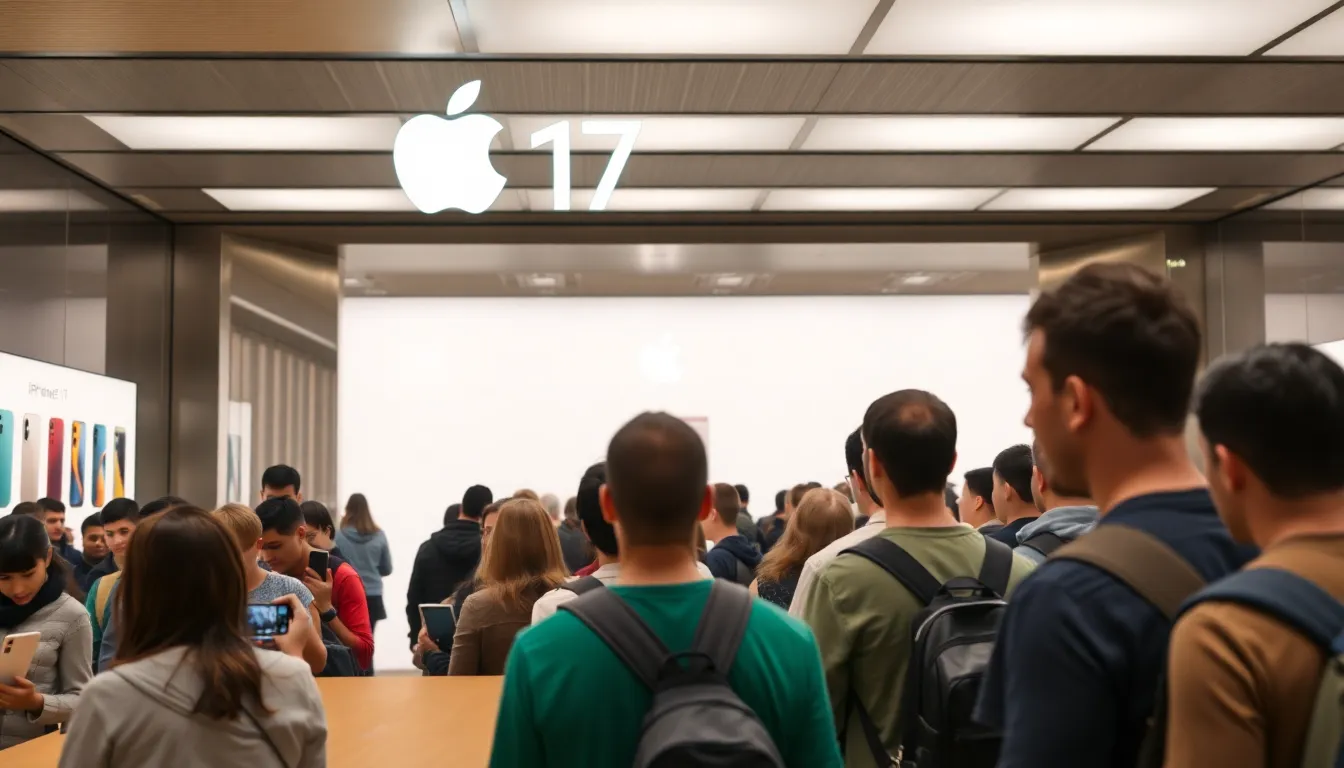 A bustling Apple store showcases eager customers lining up to purchase the newly released iPhone 17, highlighting its popularity and strong sales performance.