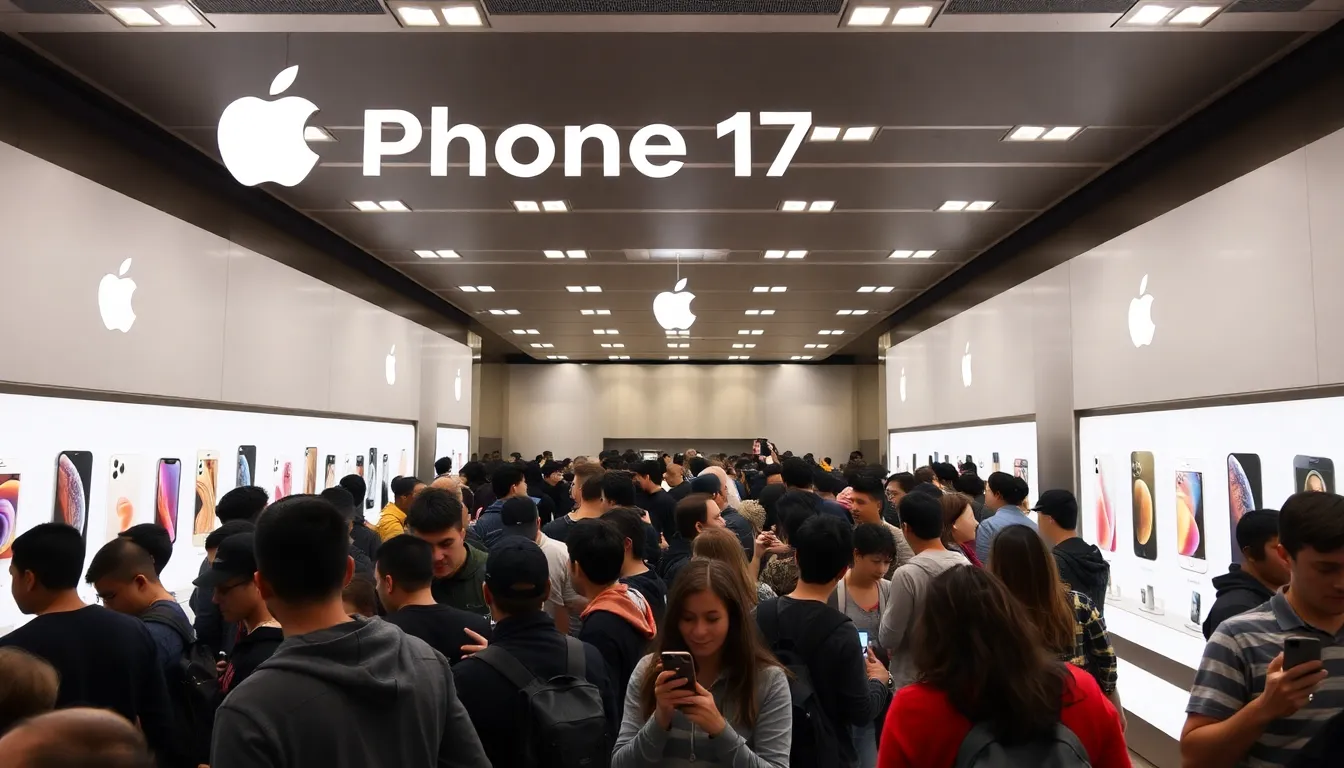 A promotional advertisement featuring the iPhone 17, emphasizing its innovative technology and luxury branding in a vibrant urban setting