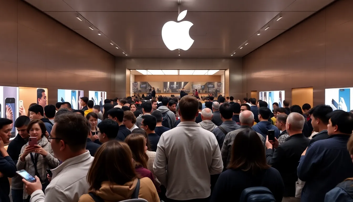 A satisfied customer unboxing the iPhone 17, excitedly revealing its features while surrounded by friends in a lively atmosphere