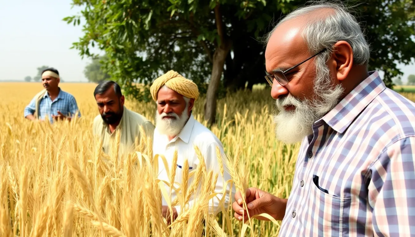 A group of farmers in India examines their wheat crop as rising prices and supply concerns related to the Iran conflict loom over their harvest.