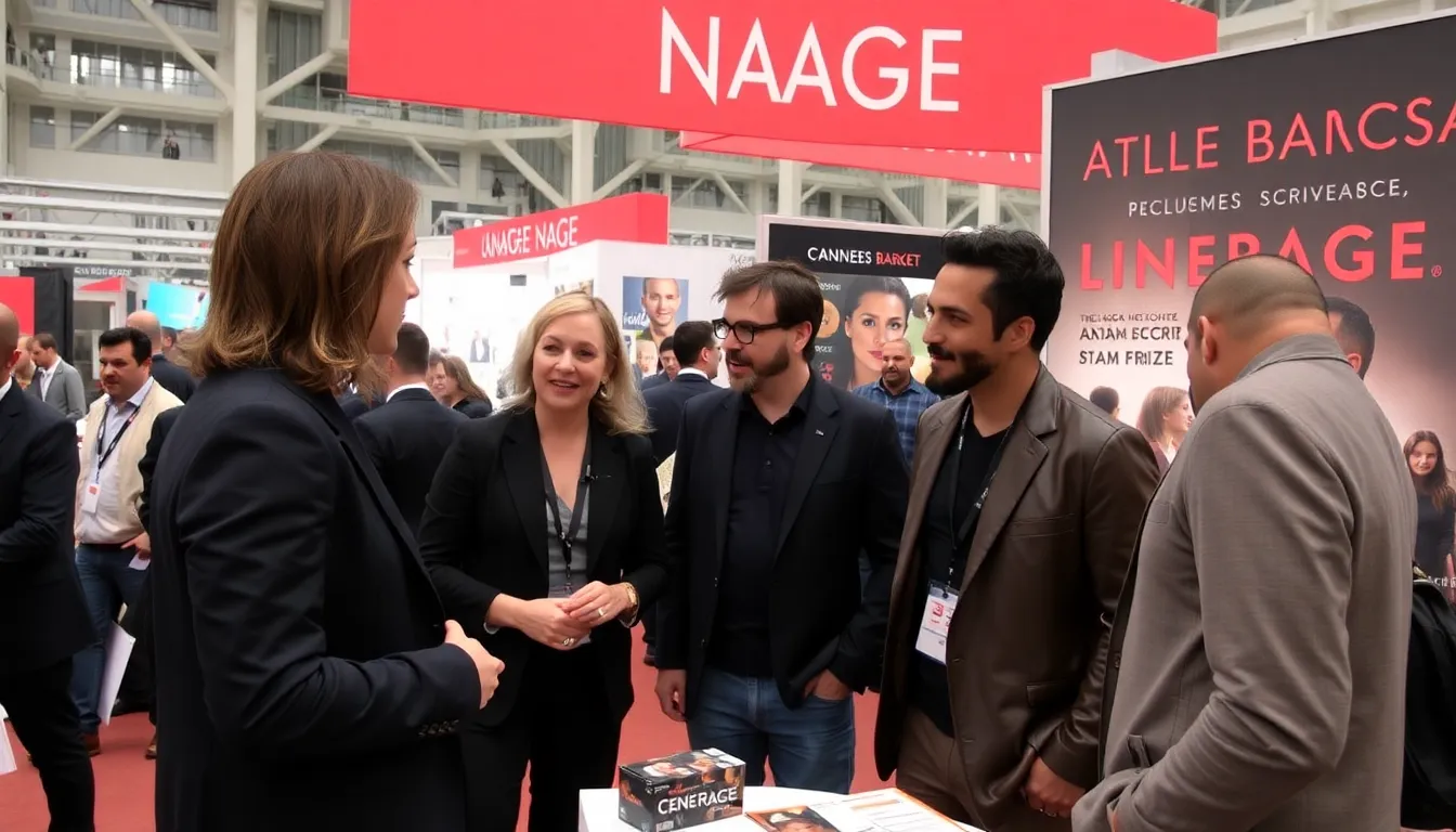 Isabelle Huppert and her costars Dali Benssalah, Adam Bessa, and Raye engage in conversation at the Cannes Market, where their upcoming thriller Lineage is generating excitement among industry professionals.