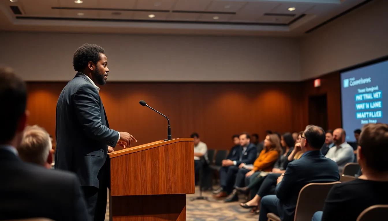 Ishmael Reed stands at a podium, announcing his upcoming play about Elon Musk to an audience of eager listeners.