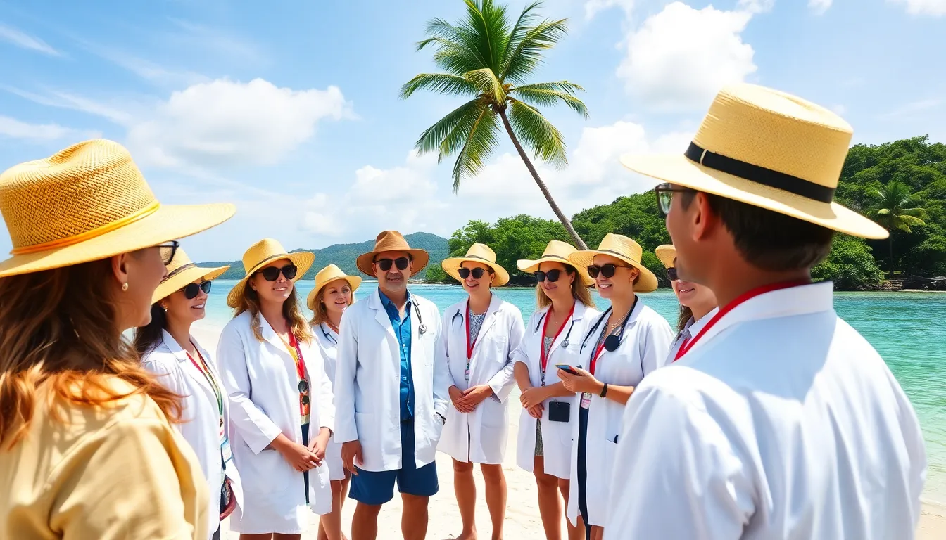 A group of researchers conducts a study on a sunny beach, examining the health benefits of island living while surrounded by lush greenery and clear blue waters.