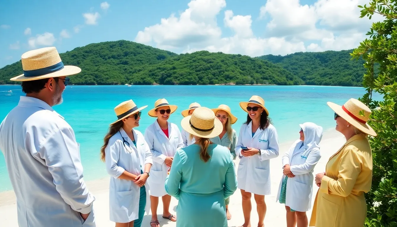 A picturesque hiking trail winding through lush island landscapes, symbolizing the outdoor activities that promote physical health and wellbeing among residents and visitors alike