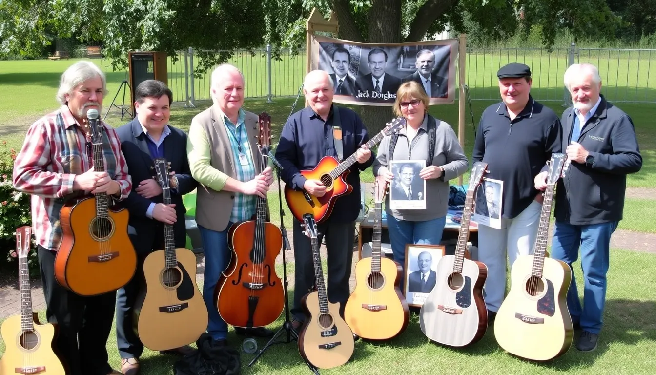 A group of musicians gathers at a memorial event, sharing stories and paying tribute to Jack Douglas, celebrating his influential contributions to rock music.