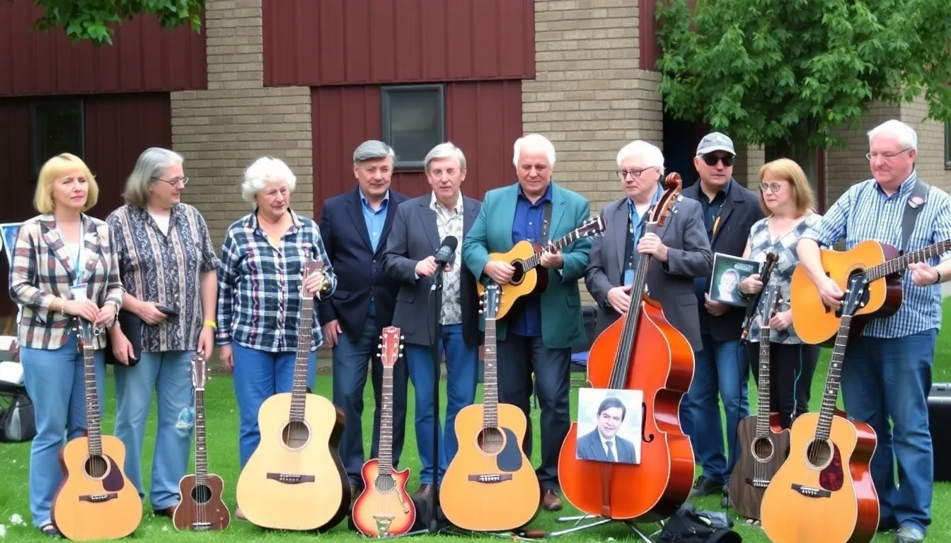 A group of musicians gathered in a studio, engaged in a lively discussion about their creative projects, illustrating the collaborative spirit fostered by Douglas