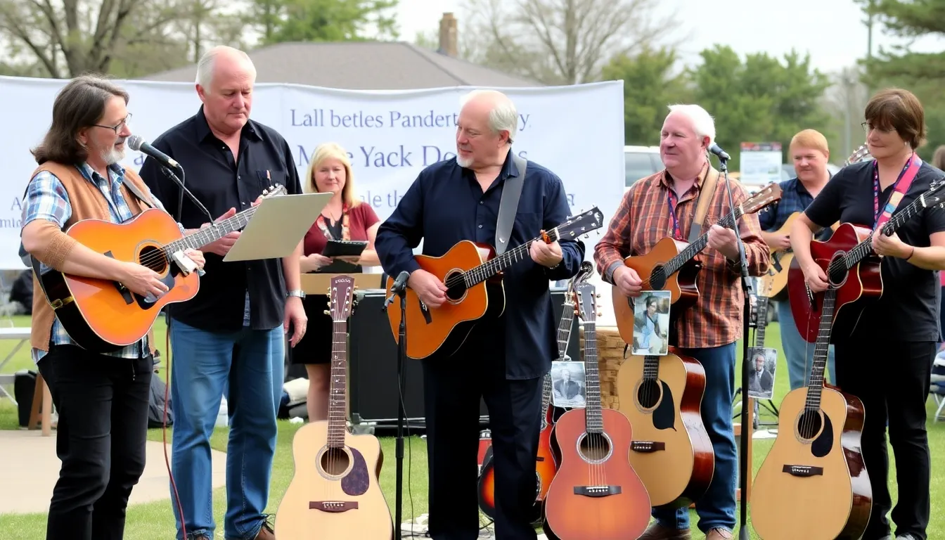 A nostalgic scene of fans enjoying a tribute concert, celebrating the music and legacy of Jack Douglas and the artists he worked with