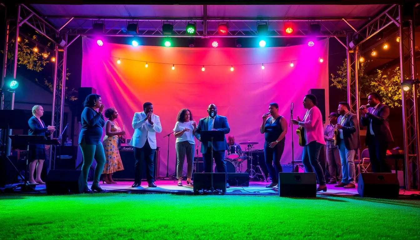 A vibrant stage scene from Jack Shepherd's jazz drama revival showcases the talented cast performing against a backdrop of colorful lighting and live musicians, capturing the energy and emotion of the narrative.