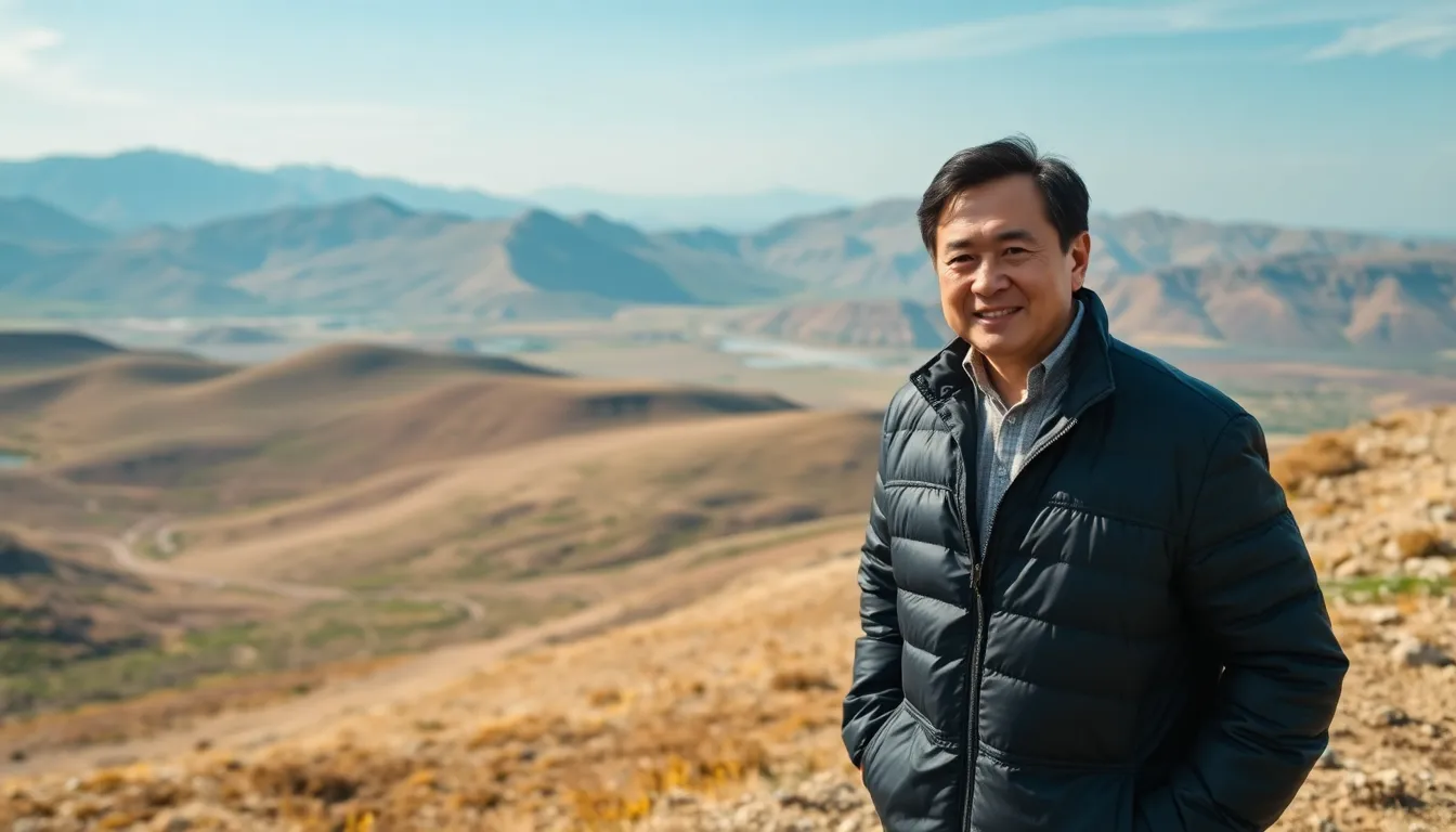 Jackie Chan stands on a scenic hillside in Kazakhstan, announcing the start of filming for Armour of God IV amidst a backdrop of expansive landscapes and mountains.