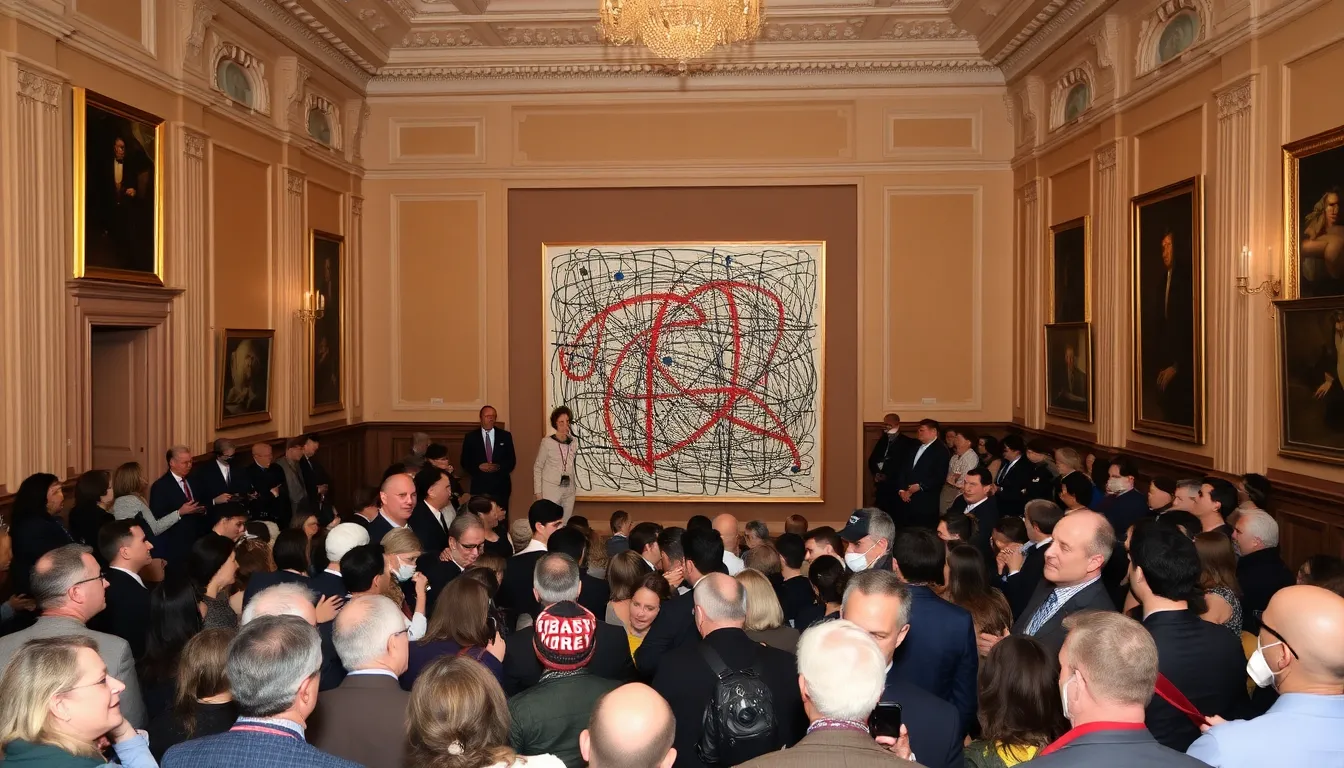A crowd of art enthusiasts and collectors gathers at a New York City auction house, eagerly awaiting the recordbreaking sale of Jackson Pollock's "No. 5, 1948."