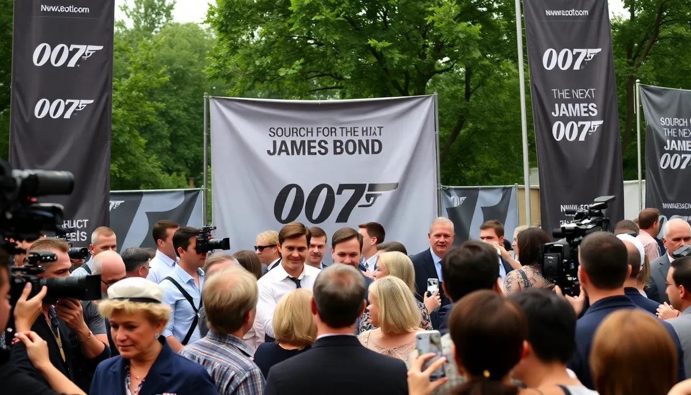 A closeup of potential candidates for the role of James Bond, including Idris Elba, Henry Cavill, and Richard Madden, each representing a unique interpretation of the character